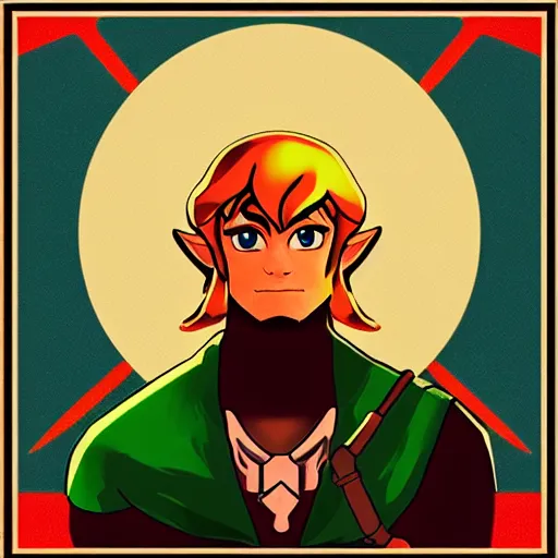 Prompt: “Side portrait of Link from Legend of Zelda, in the style of a soviet propaganda poster”