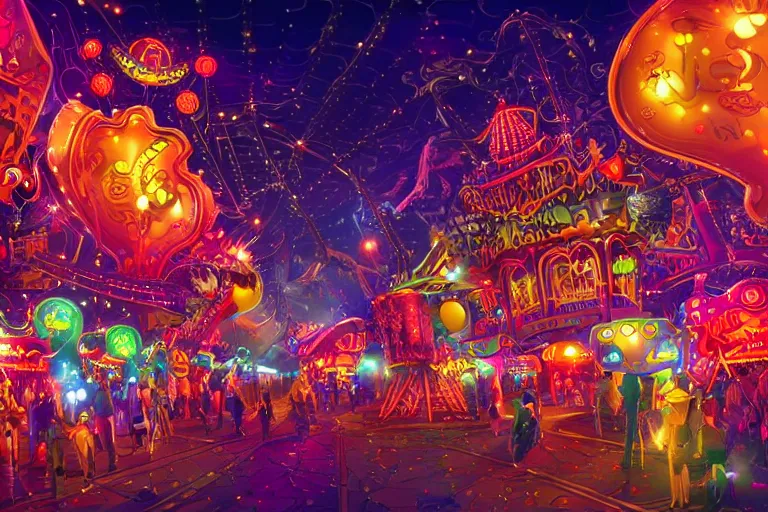 Prompt: a night carnival in a dreamworld, night, dark background, glowing lights, beautiful lighting, highly detailed digital art, trending in behance.