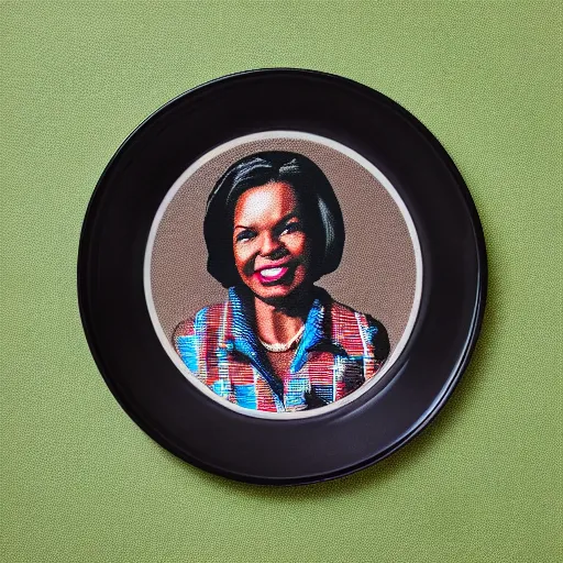 Image similar to Condoleezza Rice commemorative plate, studio photograph, XF IQ4, 150MP, 50mm, F1.4, ISO 200, 1/160s, natural light, Adobe Photoshop, Adobe Lightroom, photolab, Affinity Photo, PhotoDirector 365