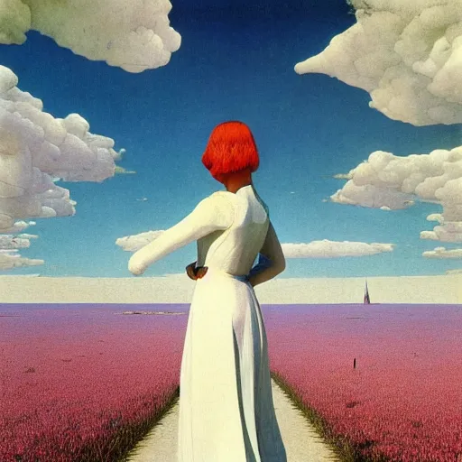 Prompt: a woman with a white dress in a white city, clear blue sky, pink floyd album cover, 1 9 7 0's, by beksinski, bruegel, greg rutkowski, alphonse mucha, and yoshitaka amano, colorful flat surreal design, hd, 8 k, artstation