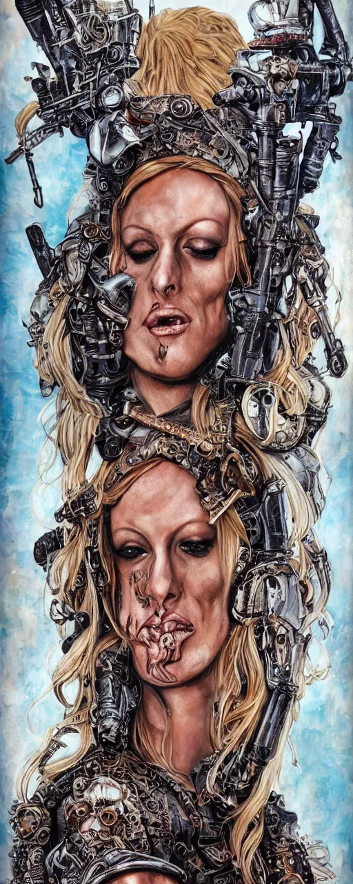 Image similar to a beautiful and captivating heavy metal art nouveau portrait of stormy daniels as an ironpunk rebel soldier by chris achilleos, bill sienkiewicz and pushead, mixed media painting, photorealism, extremely hyperdetailed, perfect symmetrical facial features, perfect anatomy, ornate intricate declotage, confident expression, moebius, olivia de bernardinis, travis charest