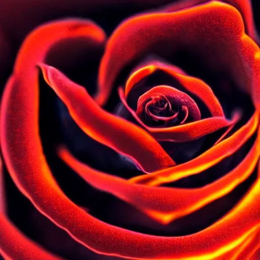 Image similar to award - winning macro of a beautiful black rose made of glowing molten magma