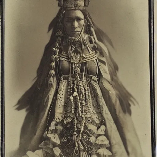 Image similar to daguerreotype ambrotype of a native american high priestess very intricate, highly detailed,