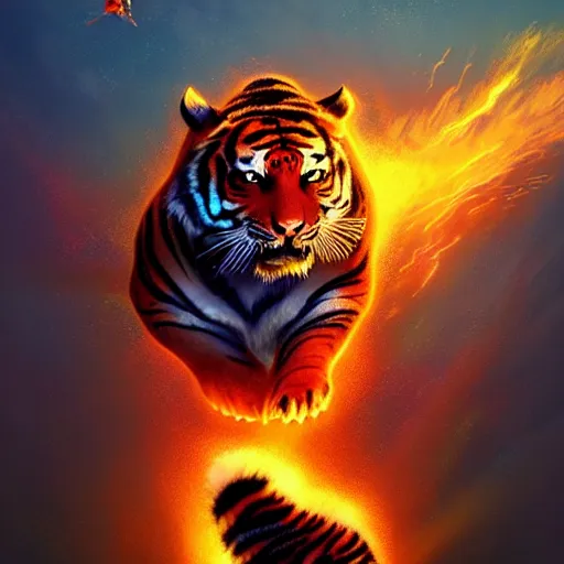 Prompt: tiger made of fire flying in the sky ; cat flying in the sky ; panther flying in the sky ; aliens, robotic machines, gods, bio - mechanical intelligences, glitch creatures, dmt entity ; lsd art, trending on artstation, style greg rutkowski and tim hildebrandt