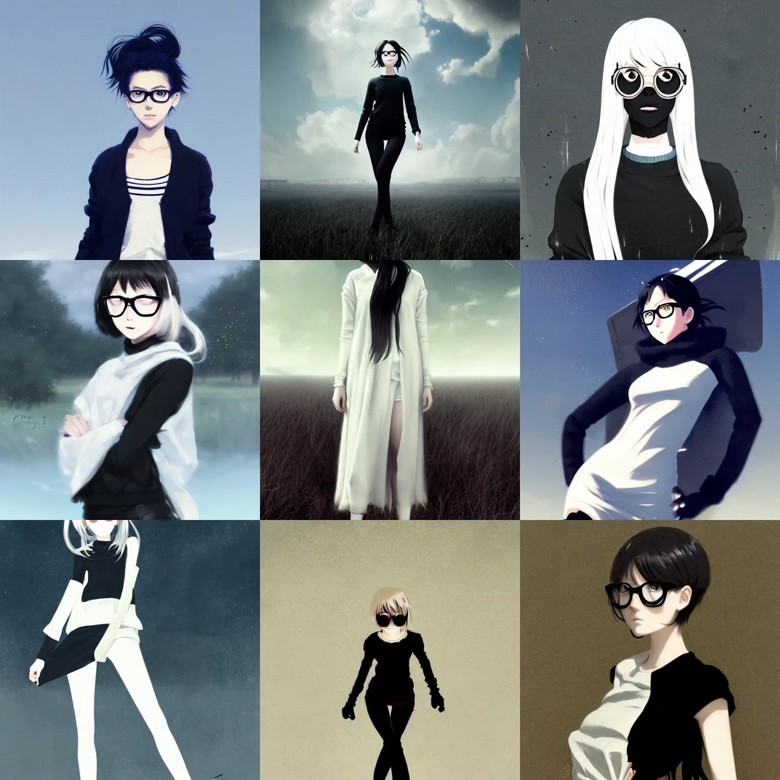 Prompt: anime cute girl in black sweater white pale hair black glasses standing full body field background by greg rutkowski key art feminine