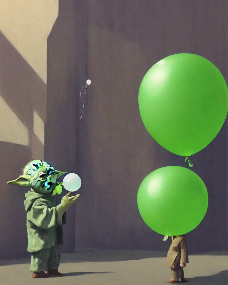 Image similar to yoda holding a green balloon in the tokyo suburbs by edward hopper and james gilleard, zdzislaw beksinski, highly detailed, trending on artstation, sigma 5 0, hyper realistic