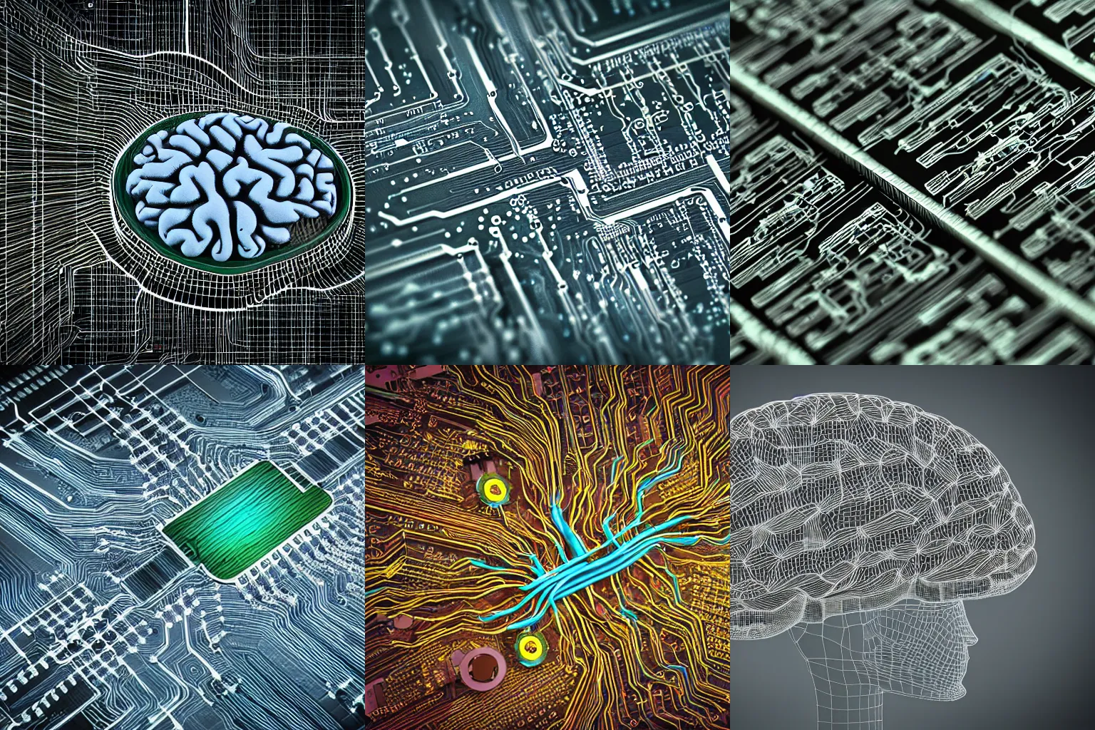 Prompt: integrated circuit, human brain, neurons and synapses, printed circuit board, wire bond, electrical signals, detailed, realistic, in style of 3D render