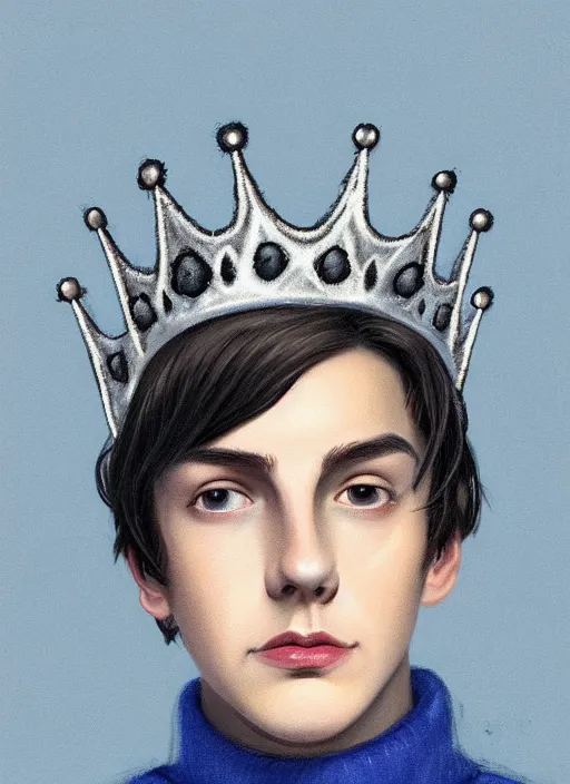 Image similar to portrait of teenage jughead jones wearing a light grey crown, crown, blue turtleneck, 1 9 5 0 s, closed eyes, photorealistic, black hair, glowing lighting, intricate, elegant, glowing lights, highly detailed, digital painting, artstation, concept art, smooth, sharp focus, illustration, art by wlop, mars ravelo and greg rutkowski