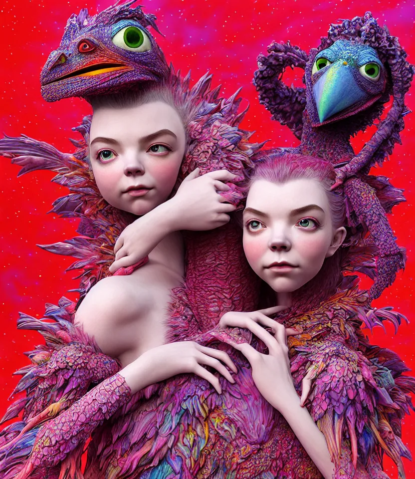 Prompt: hyper detailed 3d render like a Oil painting - kawaii portrait of lovers hugging or kissing Aurora (a beautiful girl skeksis muppet fae princess protective playful expressive acrobatic from dark crystal that looks like Anya Taylor-Joy) seen red carpet photoshoot in UVIVF posing in scaly dress to Eat of the Strangling network of yellowcake aerochrome and milky Fruit and His delicate Hands hold of gossamer polyp blossoms bring iridescent fungal flowers whose spores black the foolish stars by Jacek Yerka, Ilya Kuvshinov, Mariusz Lewandowski, Houdini algorithmic generative render, golen ratio, Abstract brush strokes, Masterpiece, Edward Hopper and James Gilleard, Zdzislaw Beksinski, Mark Ryden, Wolfgang Lettl, hints of Yayoi Kasuma and Dr. Seuss, Grant Wood, octane render, 8k