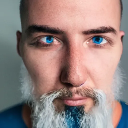 Image similar to fish eye lens close up photograph of a man with blue skin and a goatee side eyeing the camera with a sympathetic look
