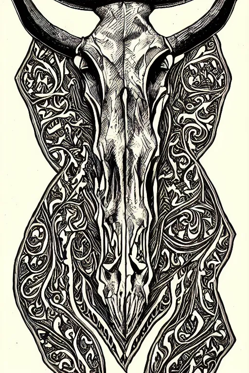 Image similar to Longhorn Skull, skull bone carved with patterns, wild wild west, tritone, mixed media, fine linework, pen and ink, symmetry