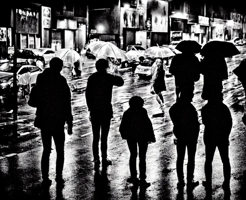 Image similar to night flash photography of punks on the lower east side in the rain!!! by Nick Silva and Margaret Keane, color photography, street photography, photorealistic, nighttime, rain, atmospheric,