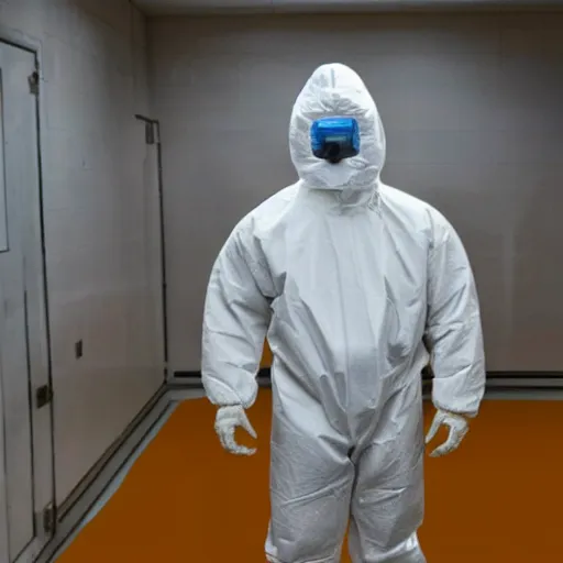 Prompt: a stocky humanoid wearing a hazmat suit, standing in a room