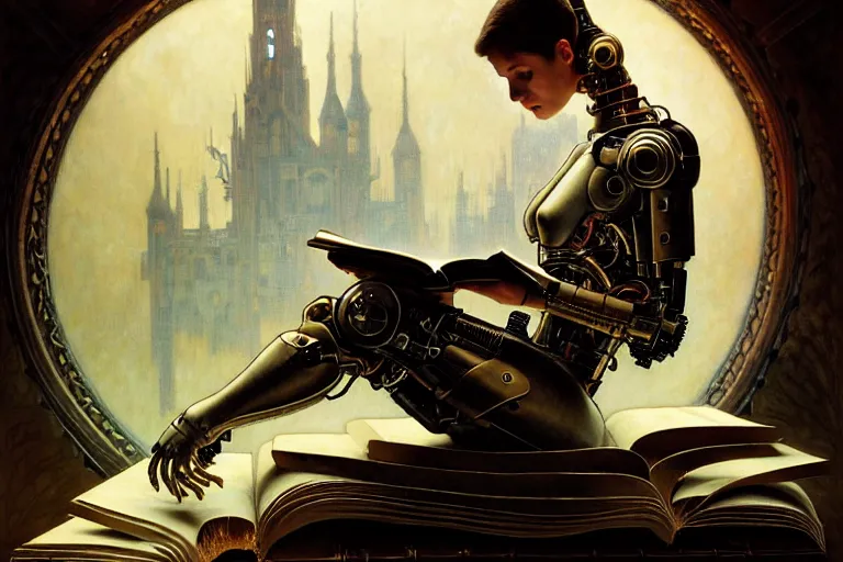 Image similar to a cyborg reading from an old book with a leather cover, fantasy, intricate, elegant, dramatic lighting, highly detailed, lifelike, photorealistic, digital painting, artstation, concept art, smooth, sharp focus, illustration, art by John Collier and Albert Aublet and Krenz Cushart and Artem Demura and Alphonse Mucha