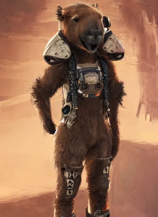 Prompt: detailed full body concept art illustration realistic portrait oil painting of an anthropomorphic capybara pilot in full intricate clothing, biomutant, ultra detailed, digital art, octane render, 4K