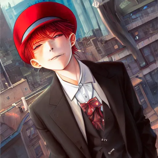 Prompt: red haired top hat wearing anime man smoking on rooftop, perfect face, wearing overalls, portrait made by Stanley Artgerm, WLOP, Rossdraws, James Jean Andrei Riabovitchev, Marc Simonetti, Yoshitaka Amano, Artstation
