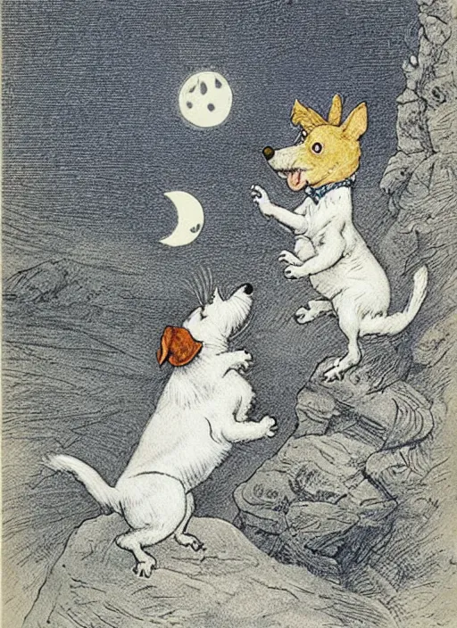 Prompt: jack russel dog howling at the moon, illustrated by peggy fortnum and beatrix potter and sir john tenniel