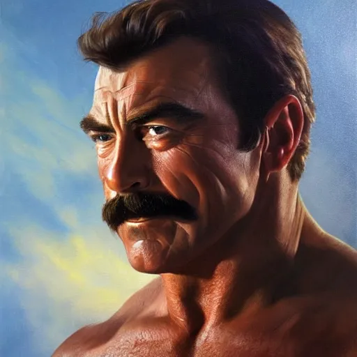 Image similar to ultra realistic portrait painting of tom selleck as the rock, art by frank frazetta, 4 k, ultra realistic, highly detailed, epic lighting