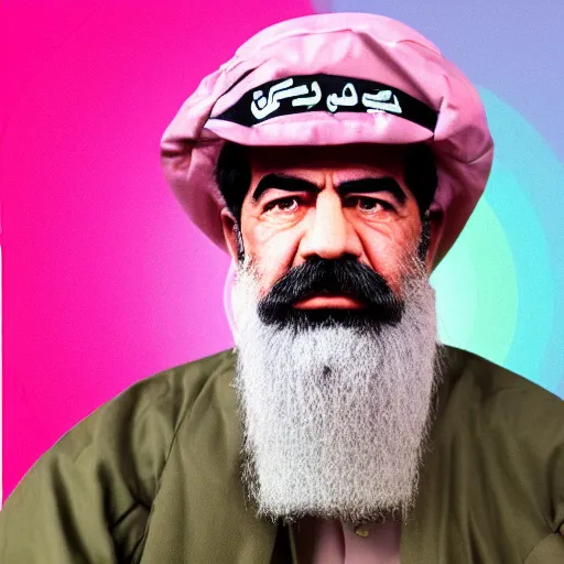 Prompt: professional portrait of saddam hussein wearing a pink puffy jacket and a bucket hat, rainbow background, 8 k, very detailed, very intricate,