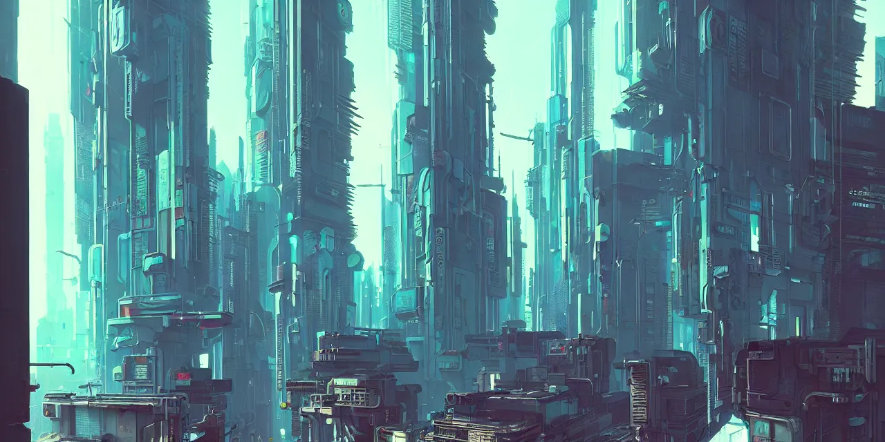 Image similar to cyberpunk synth, hyper - realistic detailed cyberpunk cityscape, by atey ghailan, by greg rutkowski, by greg tocchini, by james gilleard, by joe fenton, by kaethe butcher, dynamic lighting, gradient light blue, brown, blonde cream and white color scheme, grunge aesthetic