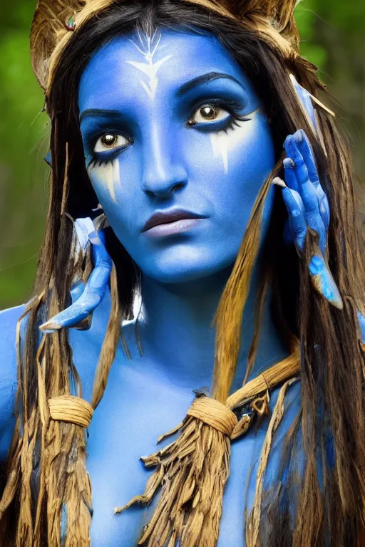 Image similar to a greek woman dressed as a blue-skinned female navi from avatar standing in a forest, blue body paint, high resolution film still, 8k, HDR colors, cosplay, outdoor lighting, high resolution photograph, photo by bruce weber, beautiful symmetric face, beautiful gazing eyes