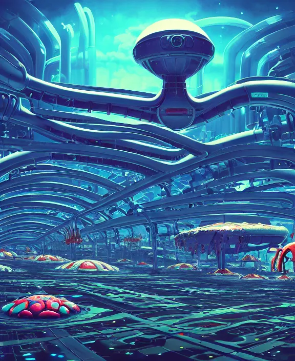 Prompt: simplicity, an amusement park made out of simple alien creatures, simple biological forms, internal organs, in the style of an asymmetrical spaceship, apocalyptic environment, by dan mumford, yusuke murata, makoto shinkai, ross tran, cinematic, unreal engine, cel shaded, featured on artstation, pixiv