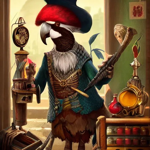 Image similar to Anthropomorphized parrot trader in his shop, medium shot, items, weapons, magic potions, trinkets, carpet, lamps, window, fancy hat, warm light, sly expression, cunning expression, cute expression, long thick shiny black beak, D&D, fantasy, cinematic lighting, highly detailed, digital painting, artstation, concept art, smooth, sharp focus, illustration, warm light, cozy warm tint, strong colours, magic the gathering artwork, volumetric lighting, 8k, art by Akihiko Yoshida, Greg Rutkowski