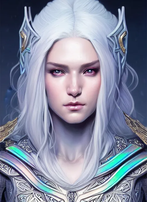 Image similar to iridescent armor!!! long wild white hair!! covered chest!!! fantasy, d & d, intricate ornate details, digital painting, pretty face!!, symmetry, concept art, sharp focus, illustration, art by artgerm! greg rutkowski magali villeneuve wlop! ilya kuvshinov!!, octane render