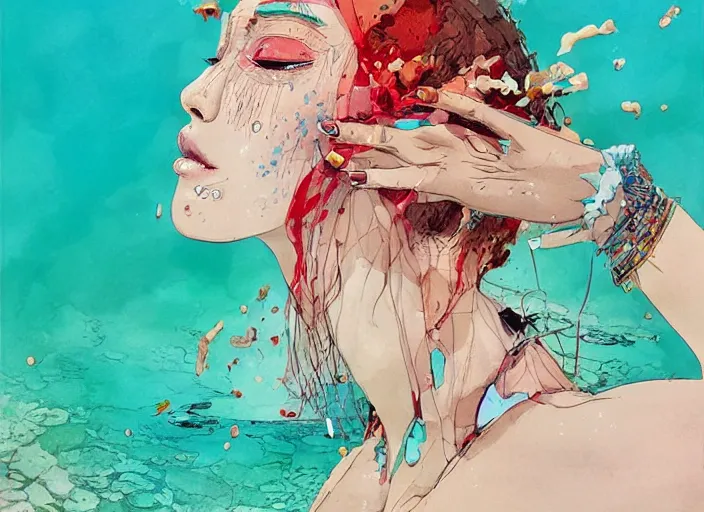 Prompt: lee jin - eun in luxurious dress emerging from turquoise water in egyptian pyramid city during an eclipse by conrad roset, m. k. kaluta, martine johanna, rule of thirds, elegant look, beautiful, chic, face anatomy, cute complexion