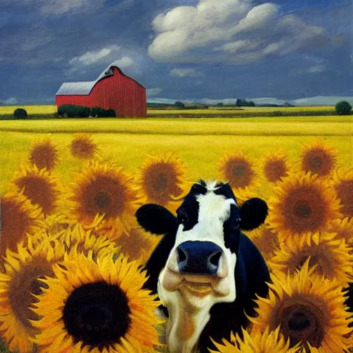 Prompt: up close face portrait of a black and white cow in a beautiful field of sunflowers with a red barn behind it, by Michael Sowa, rustic, golden hour, extremely detailed masterpiece, oil on canvas, by J. C. Leyendecker and Peter Paul Rubens and Edward Hopper and Michael Sowa,