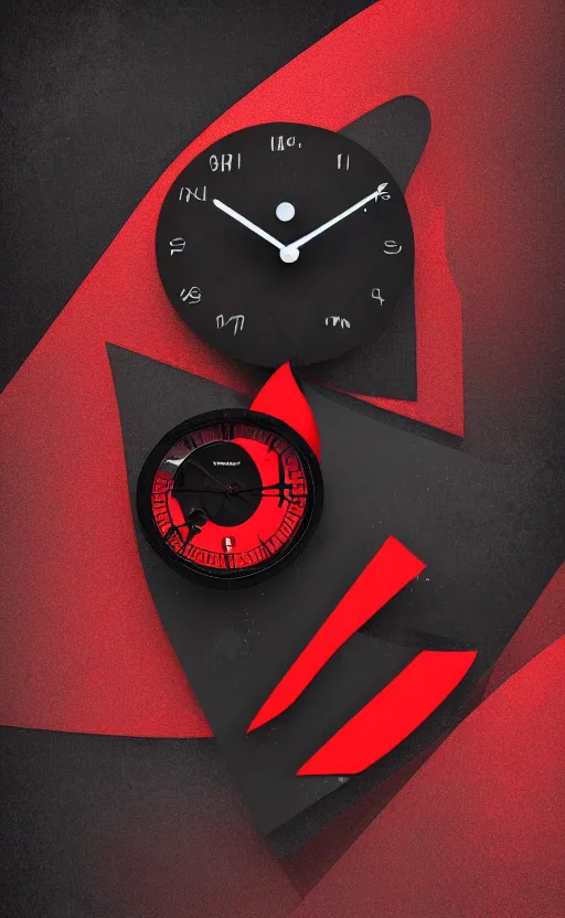 Image similar to a melting Roman numeral clock, behind a red and black gradient background, awith a black heart shaped on the top left corner and a black diamond card shape in the bottom right corner, dynamic lighting, photorealistic fantasy concept art, trending on art station, stunning visuals, cinematic, creative, ultra detailed