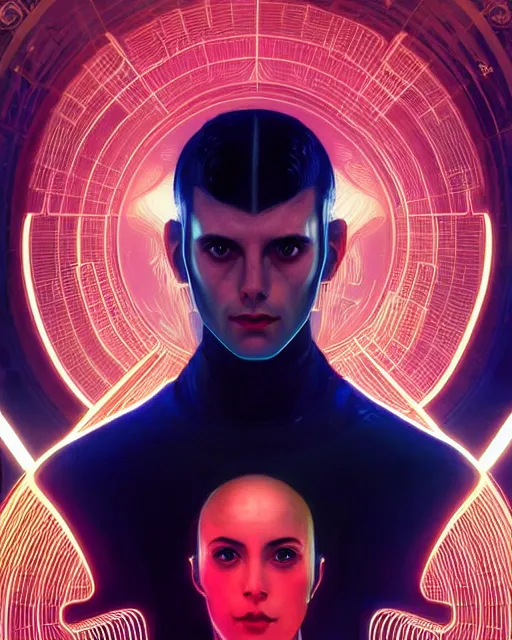 Image similar to symmetry!! centered, head on portrait of a man with futuristic minimalist face tattoos, sci - fi -, cyberpunk, blade runner, glowing lights, tech, biotech, techwear!! intricate, elegant, highly detailed, digital painting, artstation, concept art, smooth, sharp focus, illustration, art by artgerm and greg rutkowski and alphonse mucha