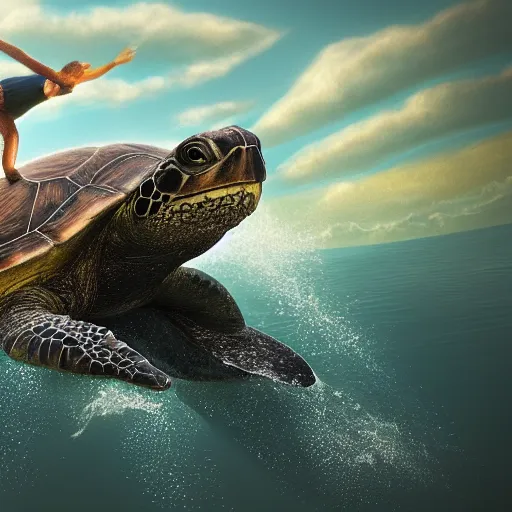 Prompt: a photograph of a turtle riding on a whale, 8 k resolution, trending on artstation, mystical, fantasy,