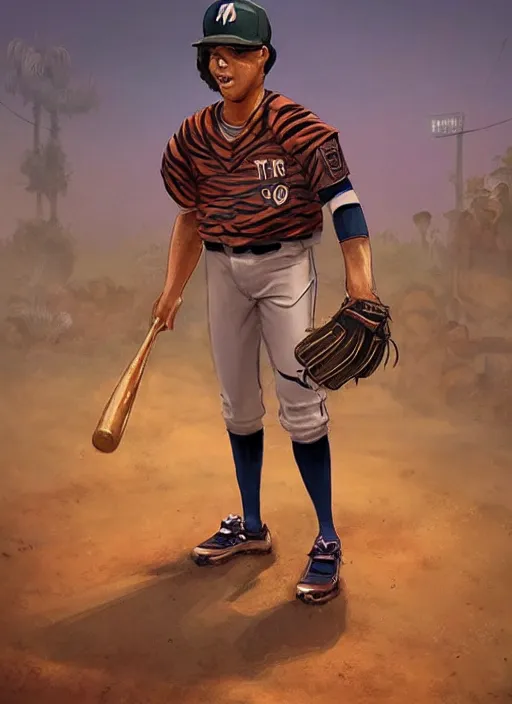 Prompt: fursona commission of a anthro tiger baseball pitcher wearing a baseball uniform in a baseball stadium. pretty, beautiful, DnD character art portrait, matte fantasy painting. Desert mining town. DeviantArt Artstation, by Jason Felix by Steve Argyle by Tyler Jacobson by Peter Mohrbacher, cinematic lighting