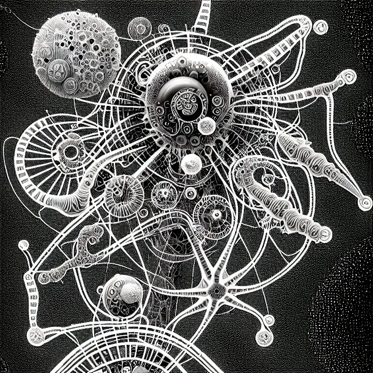 Image similar to a black and white drawing of variety of sea life as a hyperdetailed mech with electronic equipment space station, a microscopic photo by ernst haeckel, zbrush central, kinetic pointillism, intricate patterns, photoillustration