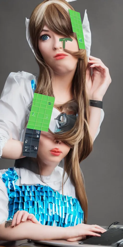 Image similar to Young woman wearing a cosplay of Microsoft Excel, 80mm photo