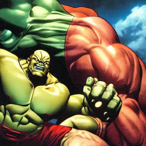 Image similar to x - men juggernaut fighting hulk, action scene