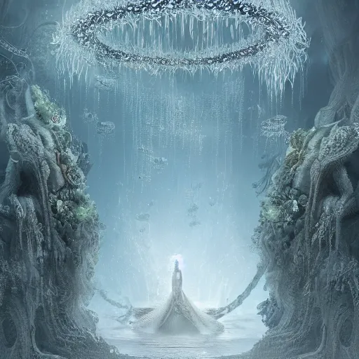 Image similar to under an white intricate like lace epic forest suspended in the air upside down, a white pool with intricate epic circles of water within floating female bio - robots, dressed in intricate veils and jewels, and an intricate mythological underwater city, epic environment, matte painting, diffused lighting, highly detailed, cinematic, epic atmosphere, digital art, trending on artstation, wide angle