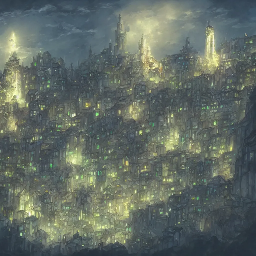 Prompt: there is a glowing white tower in the dark city, fantasy art, 2 d game art, by studio ghibli