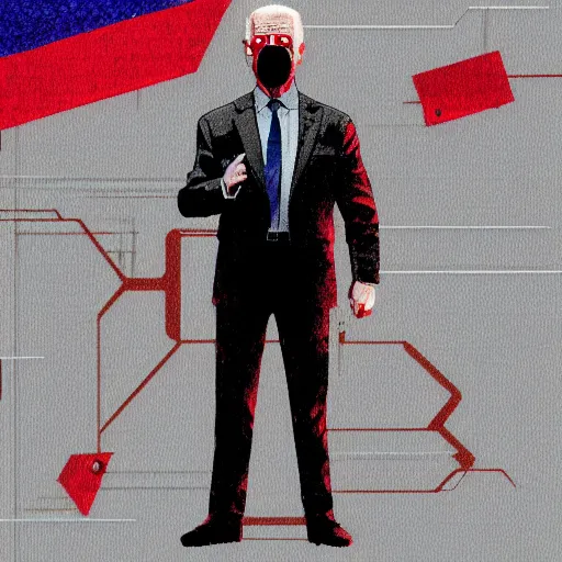 Image similar to cyberpunk joe biden as the leader of a futuristic communist nation, cybernetics, sharp lines, digital, artstation, colored in