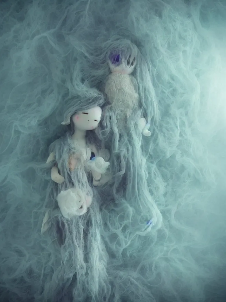 Image similar to cute fumo plush smiling ectoplasmic jellyfish ghost girl lingering in deep fog over mysterious waters, patchwork doll chibi gothic maiden in tattered melting rags, glowing wisps of hazy green smoke and eerie blue volumetric fog swirling about, moonlight, glowing lens flare, black and white, vray