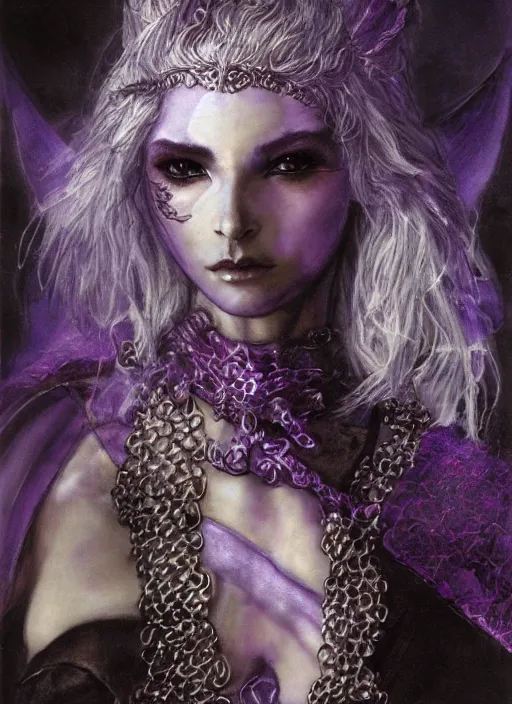 Image similar to portrait of young female sorceress of the endtimes, transluscent skin, silver filigreed armor, lavender hair, beautiful! coherent! dungeons and dragons character, by brian froud, strong line, cool night color, high contrast