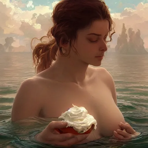 Image similar to woman submerged in whipped cream, highly detailed digital painting, artstation, concept art, smooth, sharp focus, illustration, art by artgerm and greg rutkowski and alphonse mucha