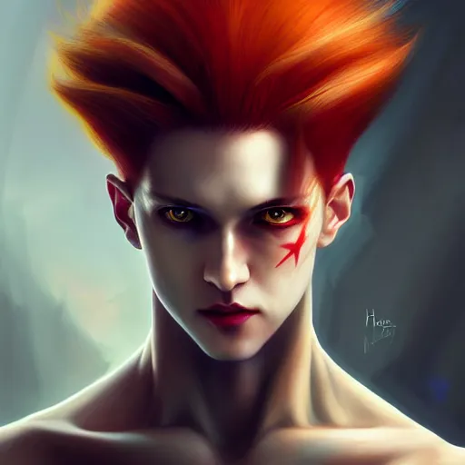 Prompt: portrait of hisoka morow hunter hunter, male, pale thin lips, sharp jaw yellow eyes narrow sultry eyes red hair soft hair swept back crimson medium length hair, anime, fantasy, intricate, elegant, highly detailed, digital painting, artstation sharp focus, madonna rebel heart art by artgerm and ruan jia and ross tran