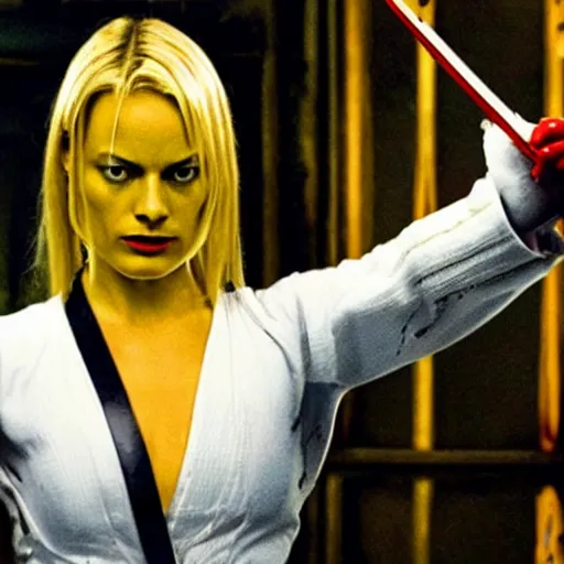 Prompt: margot robbie as kill bill in a swordfight