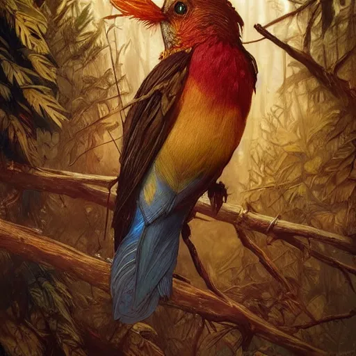 Prompt: carved wooden colorful bird, golden crown, dark, rusty, fantasy forest, highly detailed, realistic, artstation, concept art, smooth, sharp focus, illustration, art by artgerm and greg rutkowski and alphonse mucha