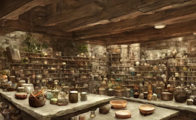 Image similar to an herbalist shop, adobe wall, a simple brick counter in the center, simple wood shelves, lots of jars and boxes of herbs, dark fantasy matte painting in the style of ruan jia and craig mullins