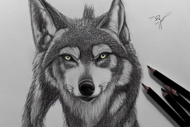 Image similar to a pencil drawing of a wolf, full body, D&D, armor, made by by Pen Tacula