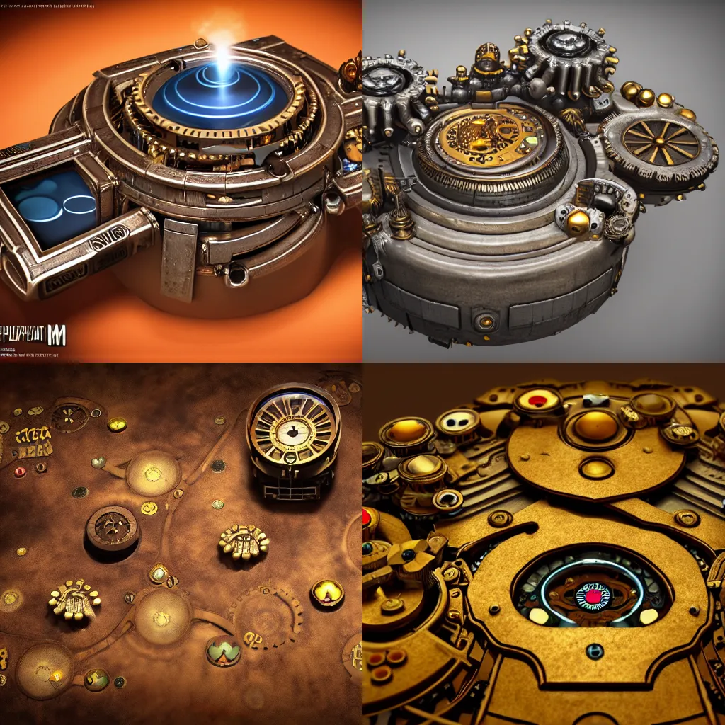 Prompt: Steampunk pacman game character, steam, gears, product photo, high detail, realistic octane render, raytracing