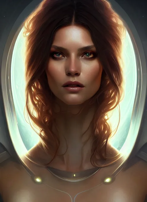 Image similar to futuristic woman portrait, sci-fi, amber eyes, face, long hair, fantasy, intricate, elegant, highly detailed, digital painting, artstation, concept art, smooth, sharp focus, illustration, art by artgerm and greg rutkowski and alphonse mucha